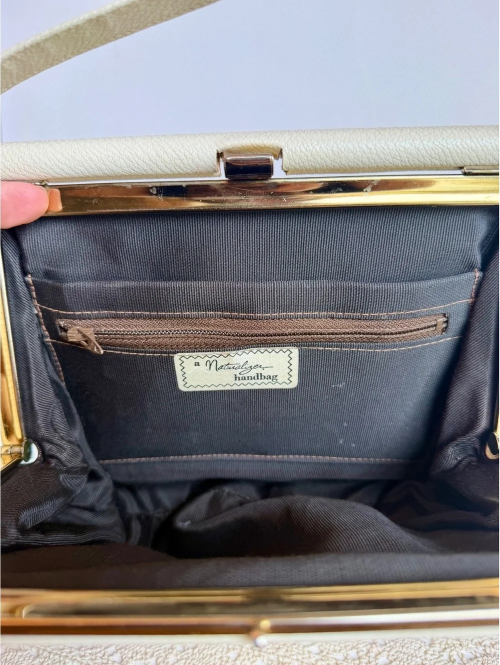 Vintage 1950s 60s Naturalizer Handbag Cream Brown Two Tone Frame Purse